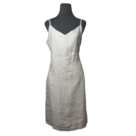 Eileen Fisher Linen Dress Tan Silver Metallic Shimmer Slip Minimalist SZ L - Picture 3 of 16